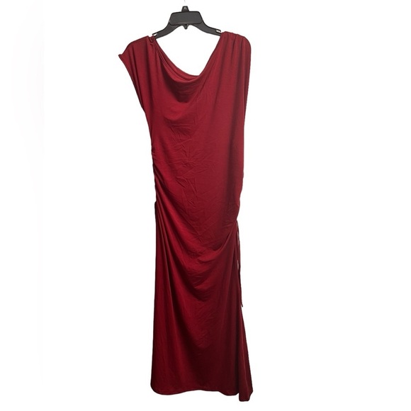 Maroon Stretch Jersey Asymmetrical Gathered Bodycon Maxi Dress XL - Picture 1 of 5